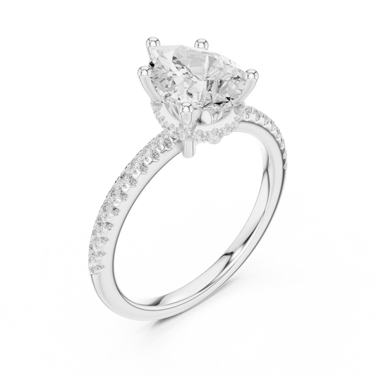 Front view of white gold pear cut solitaire ring with thin pave band and lab-created diamond