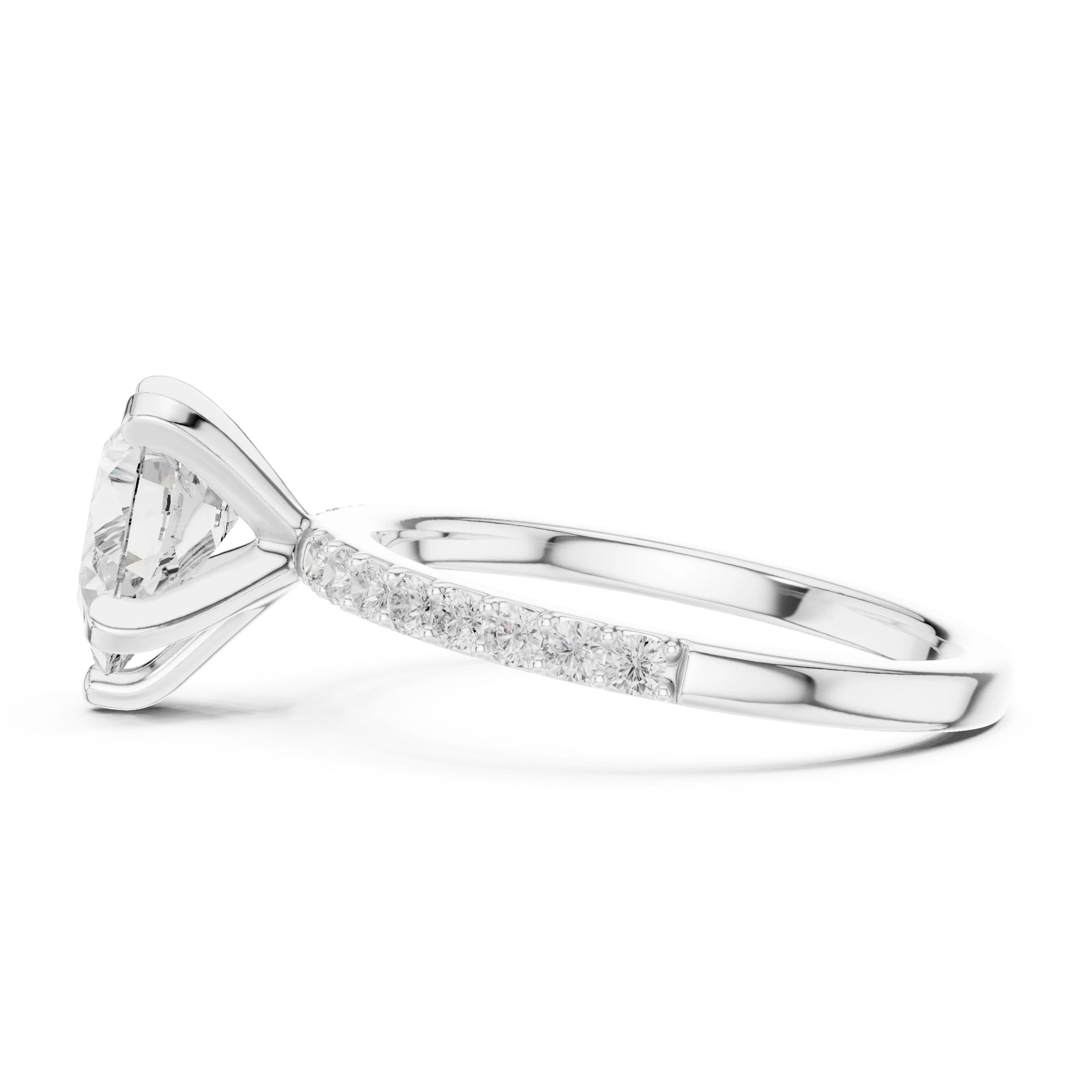 Side view of white gold pear solitaire ring with thin pavé band and elevated setting