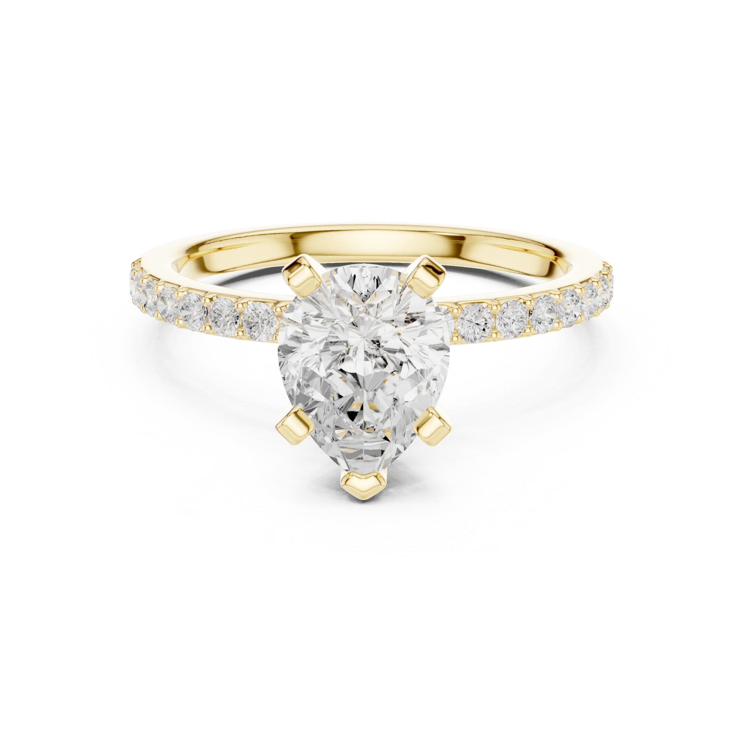 Lab-grown pear solitaire diamond ring in yellow gold with thin pavé band