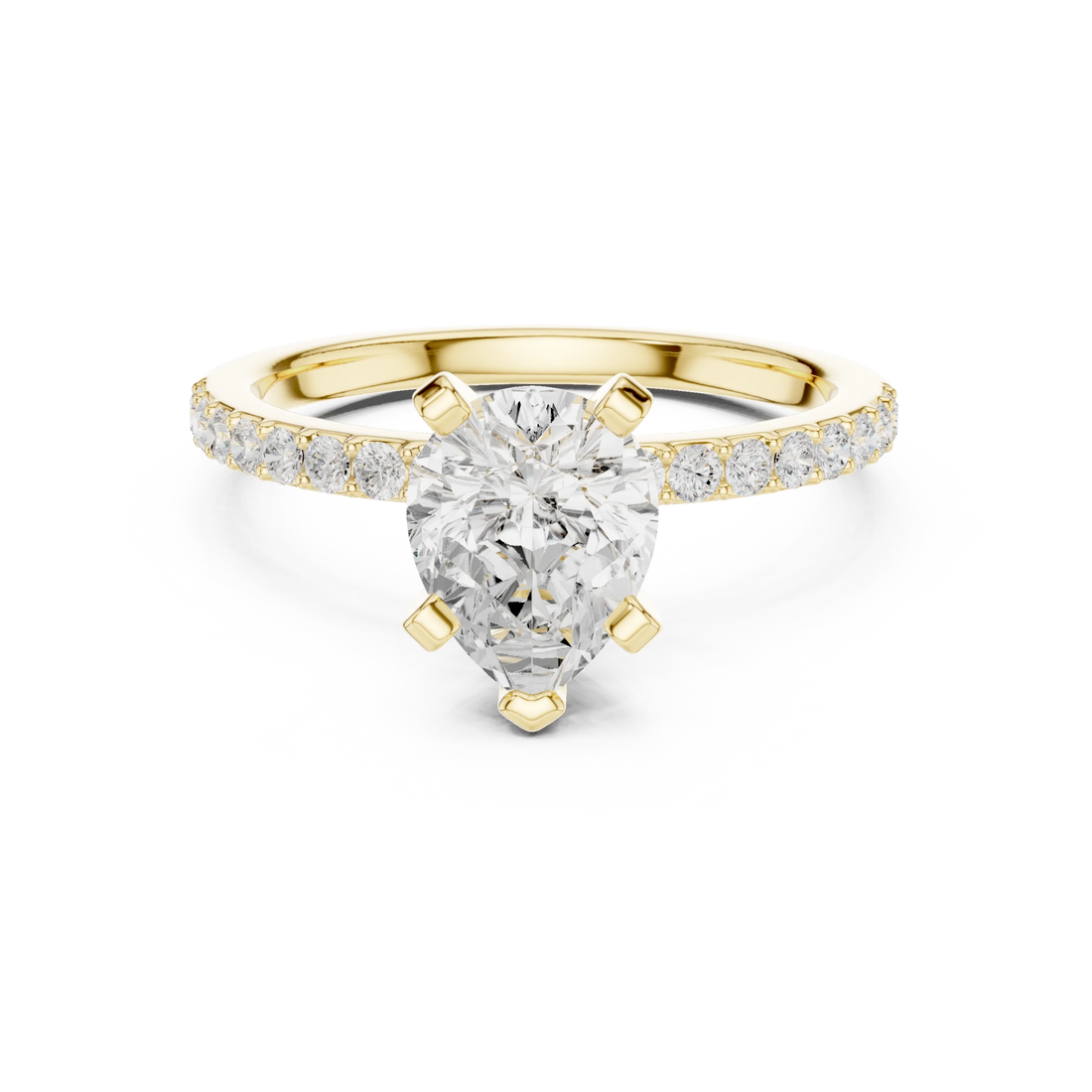 Lab-grown pear solitaire diamond ring in yellow gold with thin pavé band