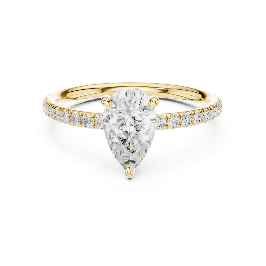 Lab-grown pear cut solitaire ring in yellow gold with thin pavé diamond band