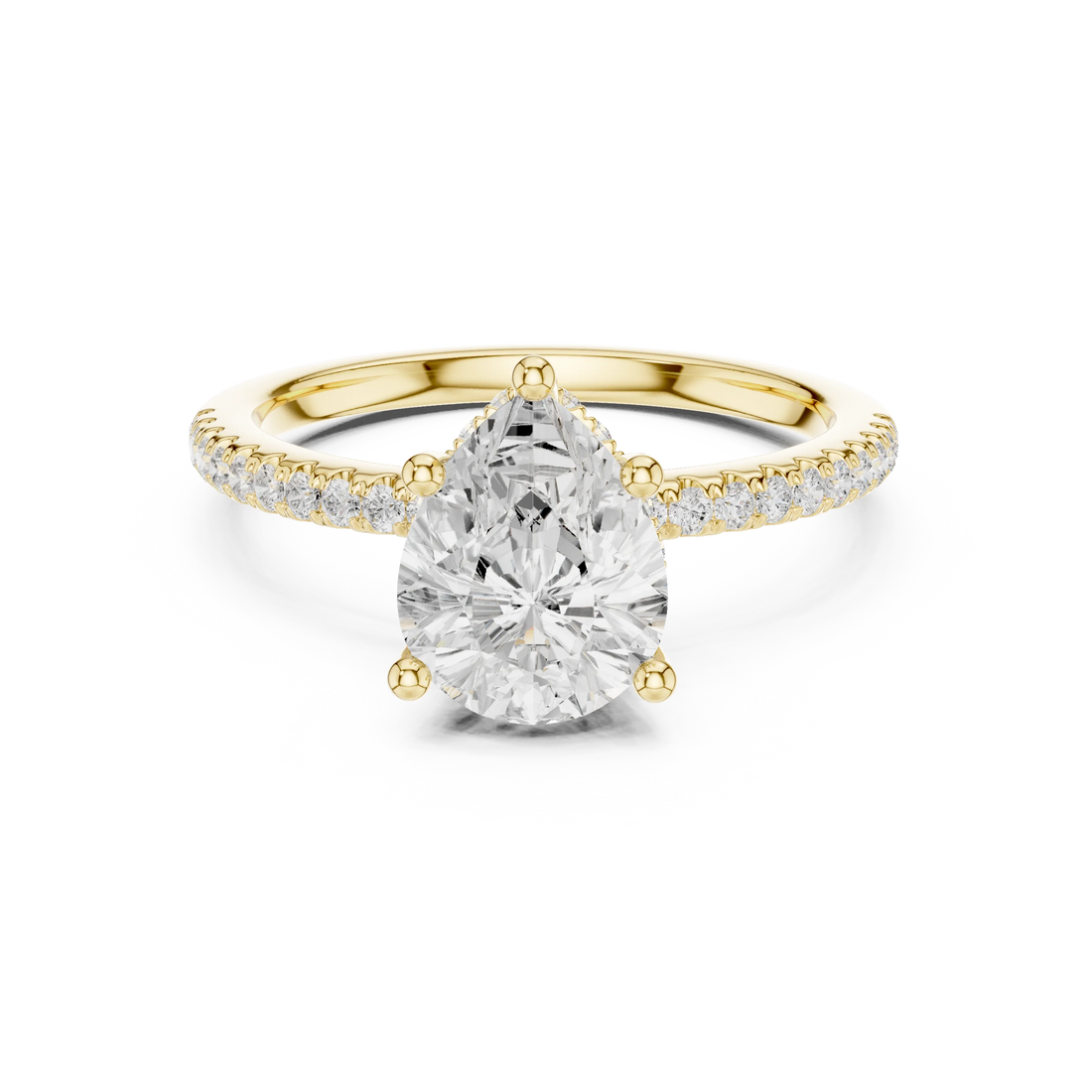 Yellow gold pear cut solitaire ring with thin pave band and lab-grown diamond, elegant style