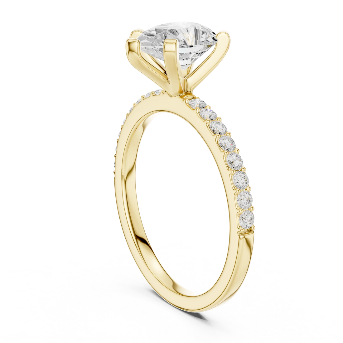 Back side view of yellow gold pear solitaire ring showing thin pavé band and setting details
