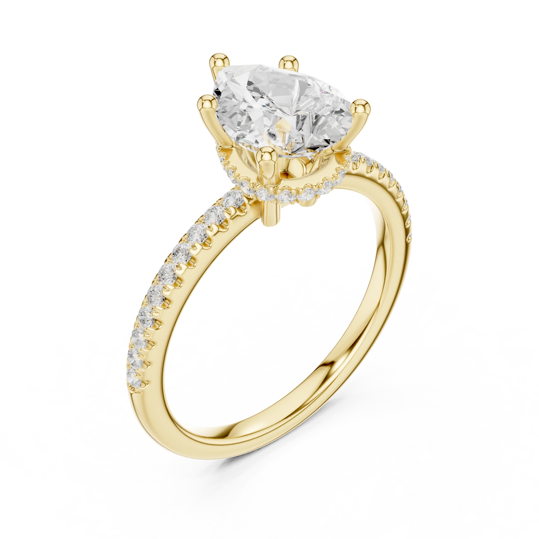 Front view of yellow gold pear cut solitaire ring with thin pave band and lab-created diamond