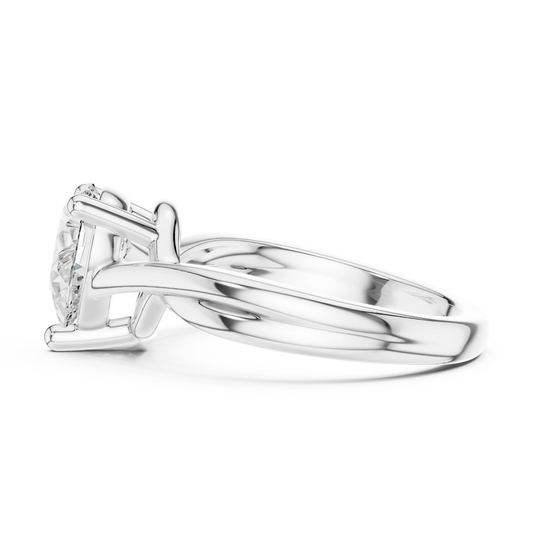 Side view of white gold pear cut solitaire ring with twisted band and raised setting