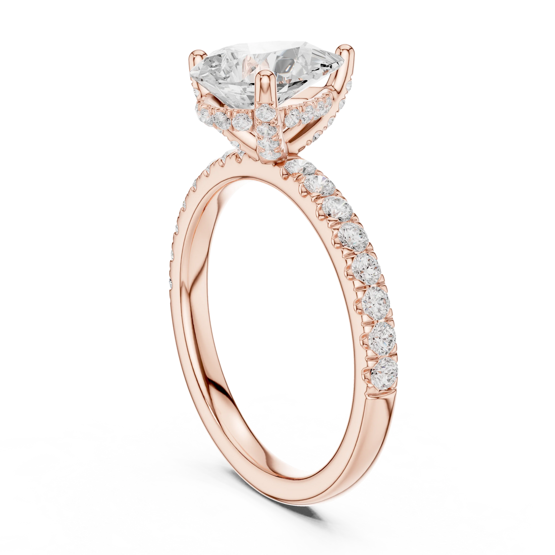 Back view of rose gold pear solitaire ring with pave diamond band and lab-grown diamond – Australia