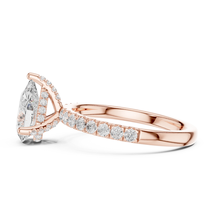 Side view of rose gold pear solitaire ring with pave diamond band and lab-grown diamond – Australia