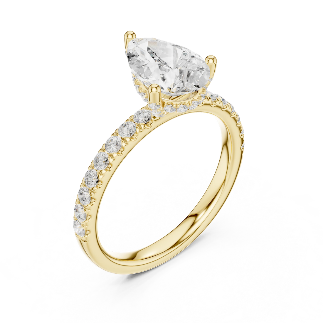Front view of yellow gold pear solitaire ring with pave diamond band and lab-grown diamond – Australia