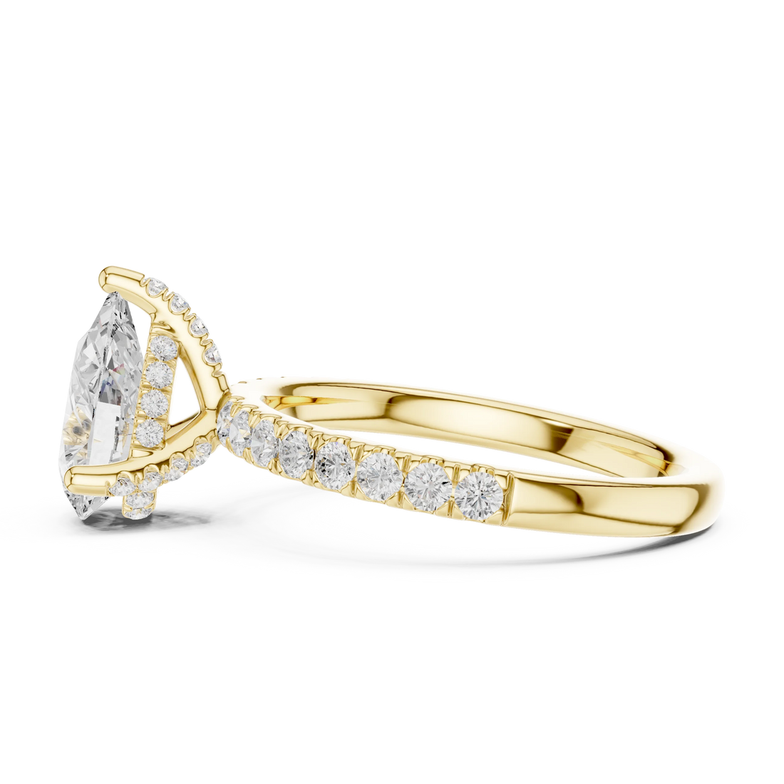 Side view of yellow gold pear solitaire ring with pave diamond band and lab-grown diamond – Australia