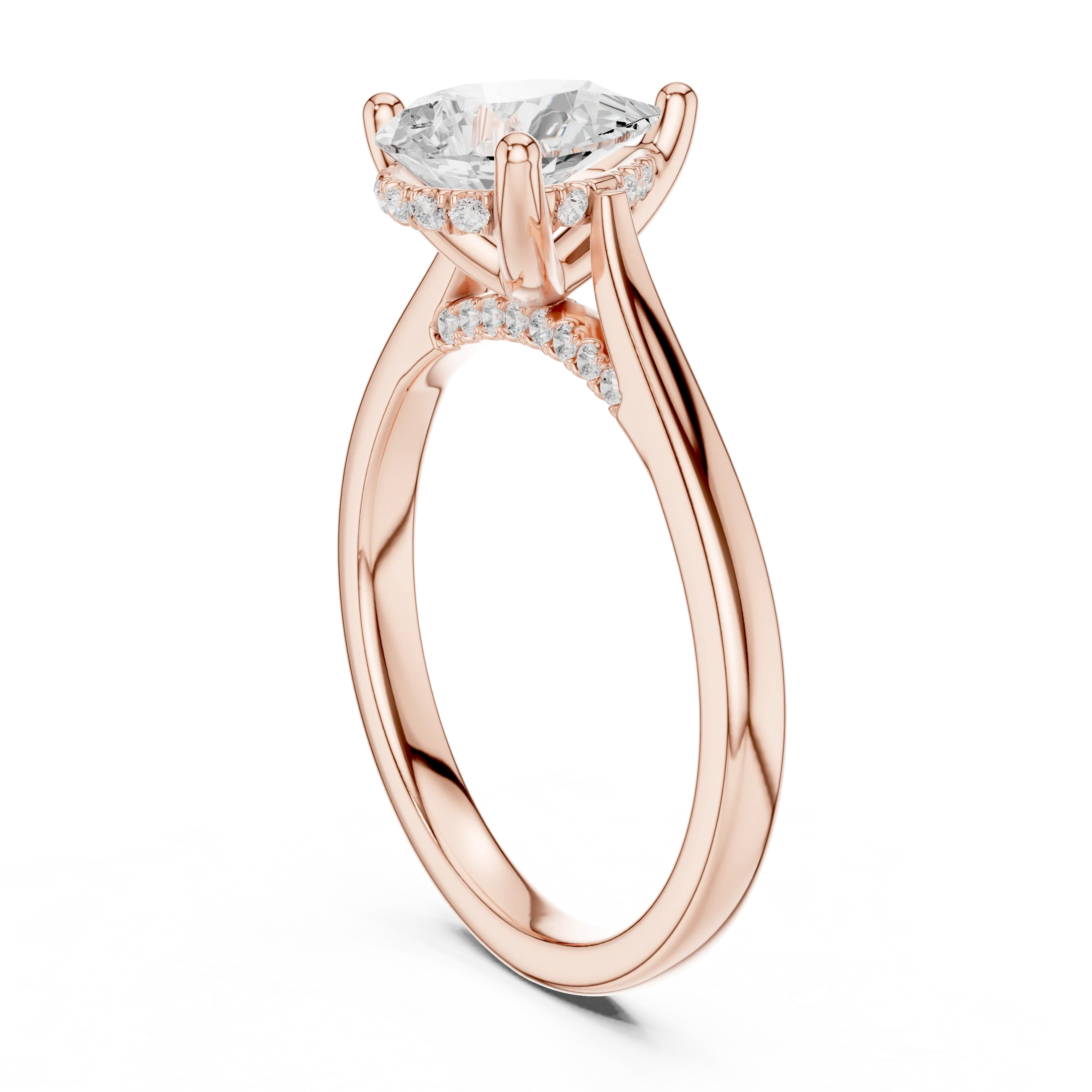 Back view of rose gold pear solitaire ring with plain domed band and lab-grown diamond – Australia