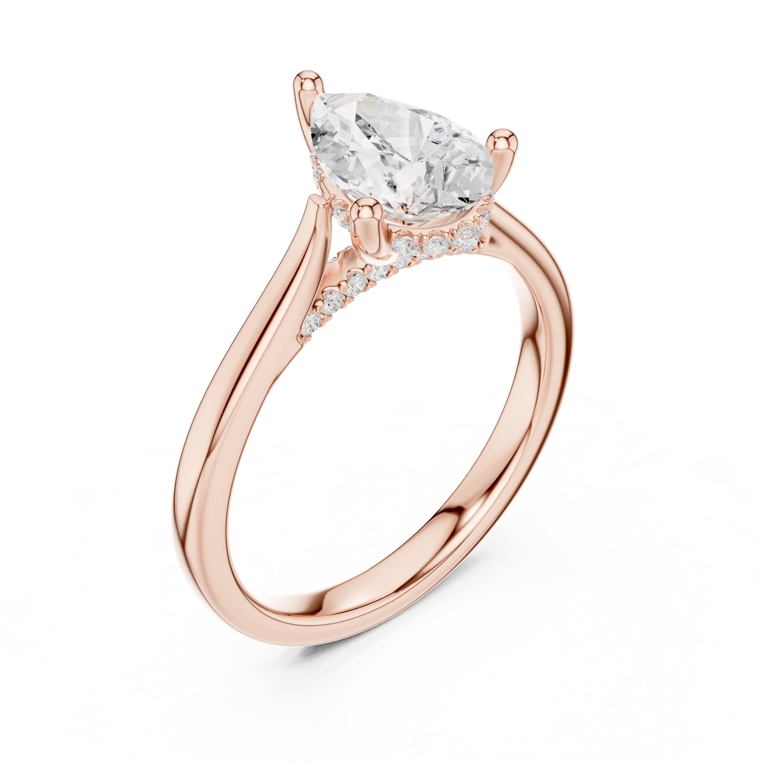Front view of rose gold pear solitaire ring with plain domed band and lab-grown diamond – Australia
