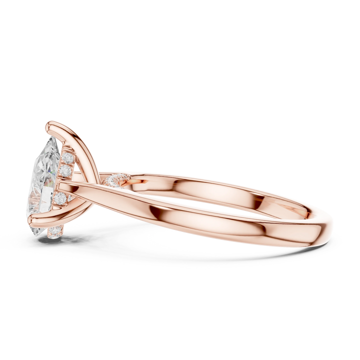 Side view of rose gold pear solitaire ring with plain domed band and lab-grown diamond – Australia