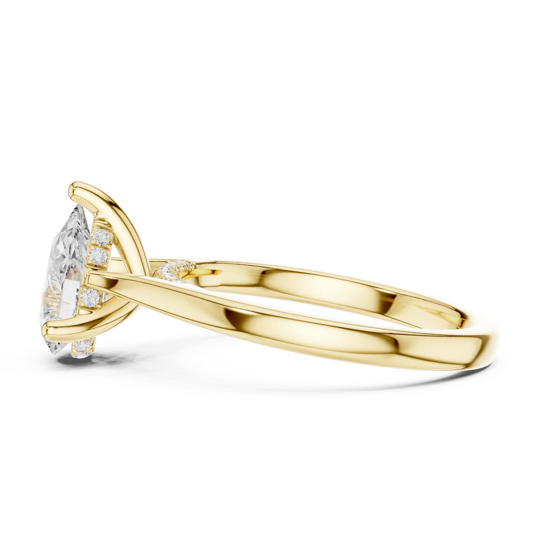 Side view of yellow gold pear solitaire ring with plain domed band and lab-grown diamond – Australia