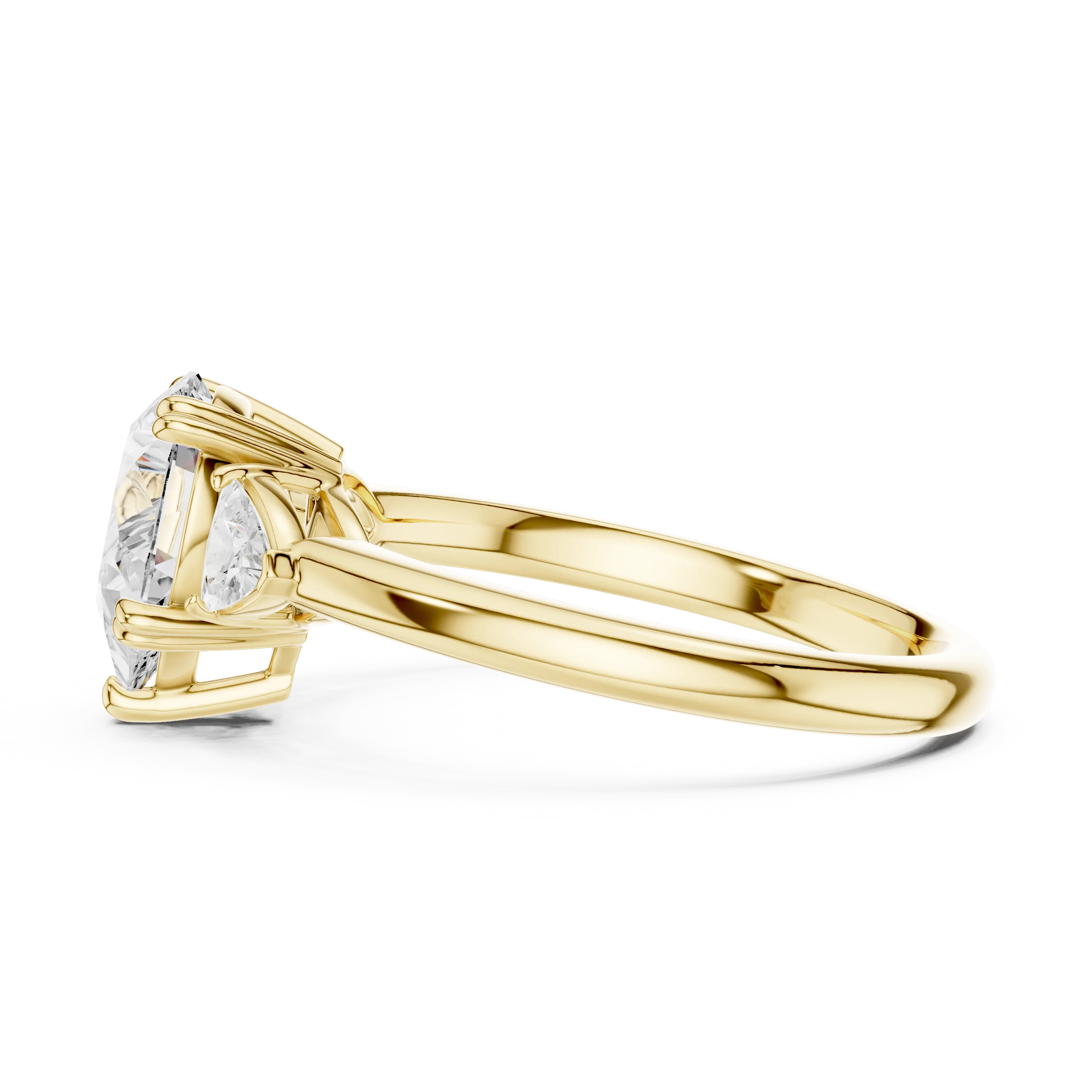 Side view of yellow gold pear three-stone ring with half-moon side stones and lab-grown diamond – Australia