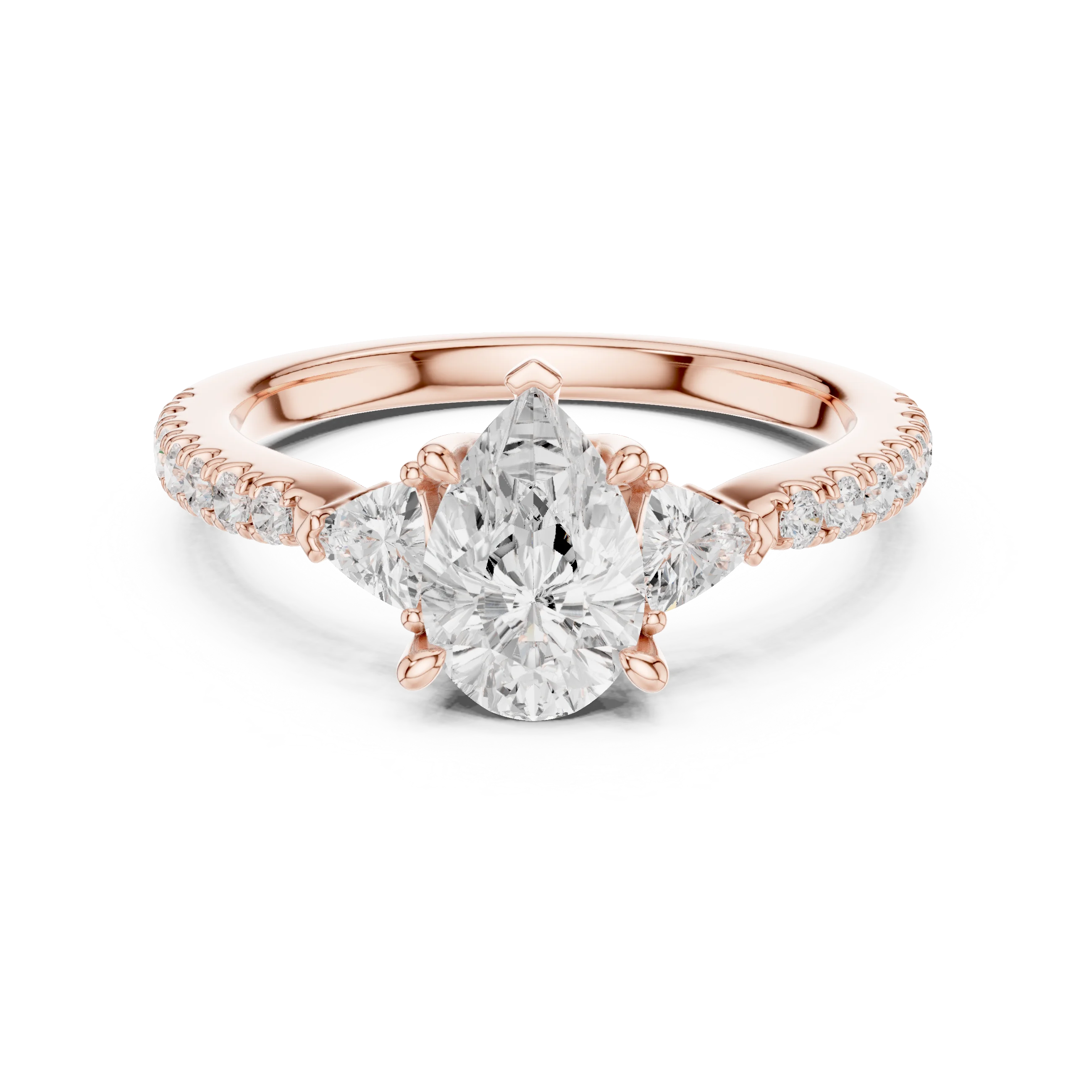 Lab-grown pear cut three stone diamond ring with half moon side stones and pave band in rose gold, top view.