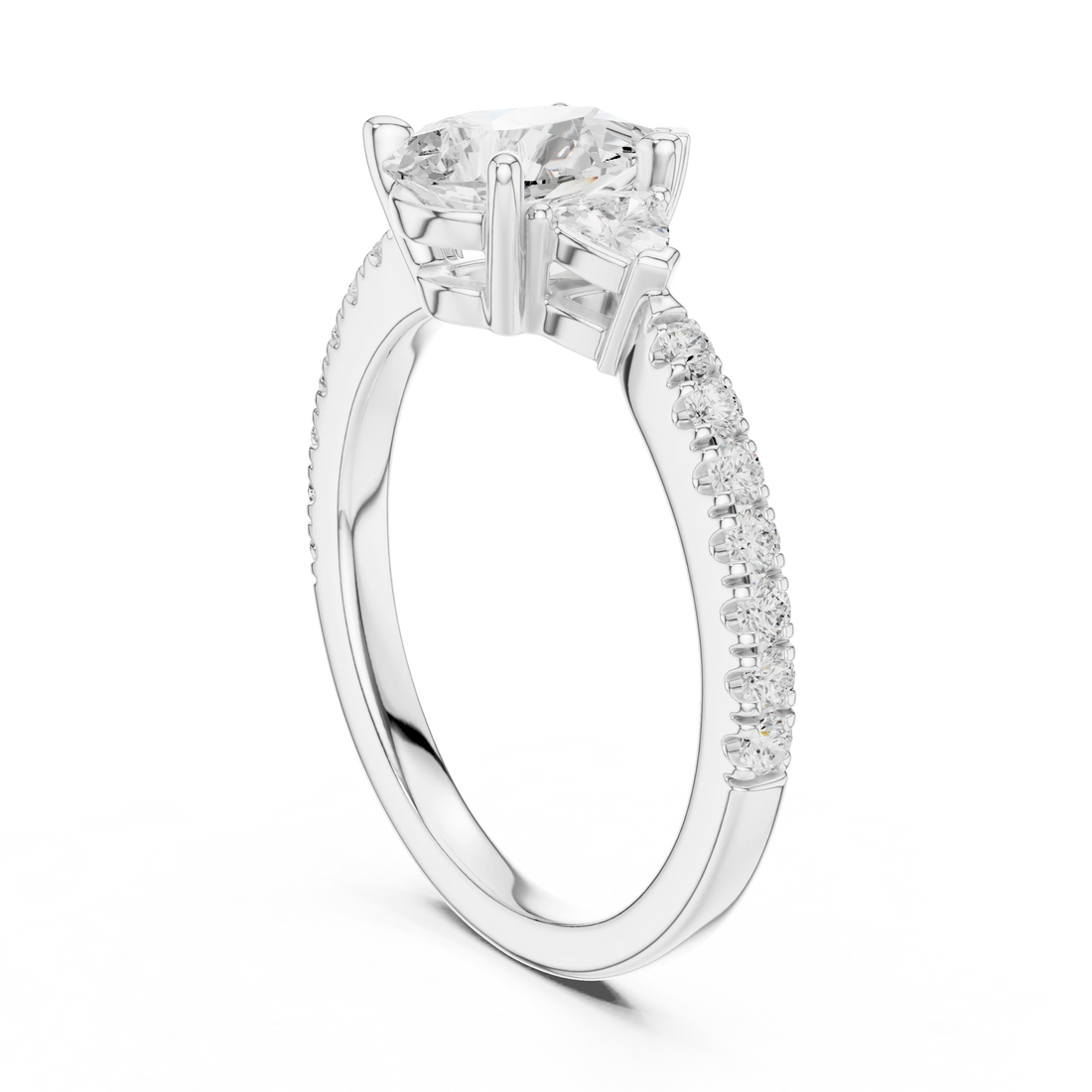 Back view of white gold pear three stone diamond ring with half moon side stones and pave band, showing band and setting.