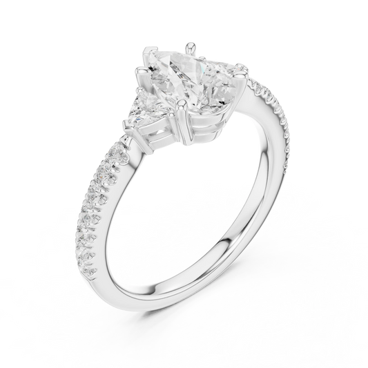 Front view of white gold pear three stone diamond ring with half moon side stones and pave band, showcasing center stone.
