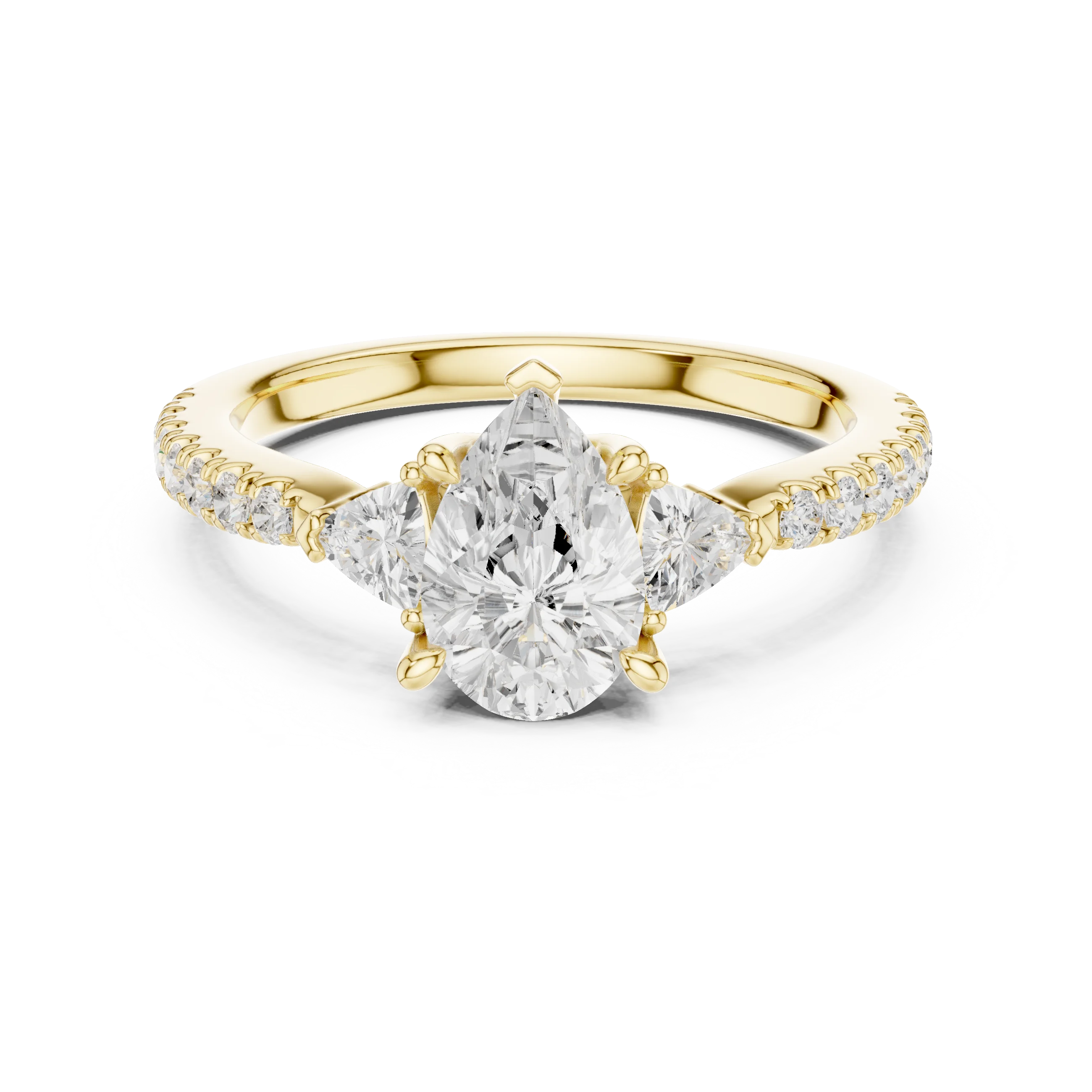 Lab-grown pear cut three stone diamond ring with half moon side stones and pave band in yellow gold, top view.