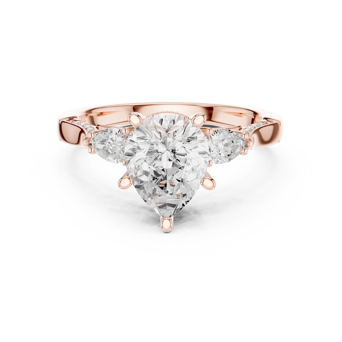 Pear three stone ring in rose gold with pear side stones, accent band and lab-grown diamonds – Australia