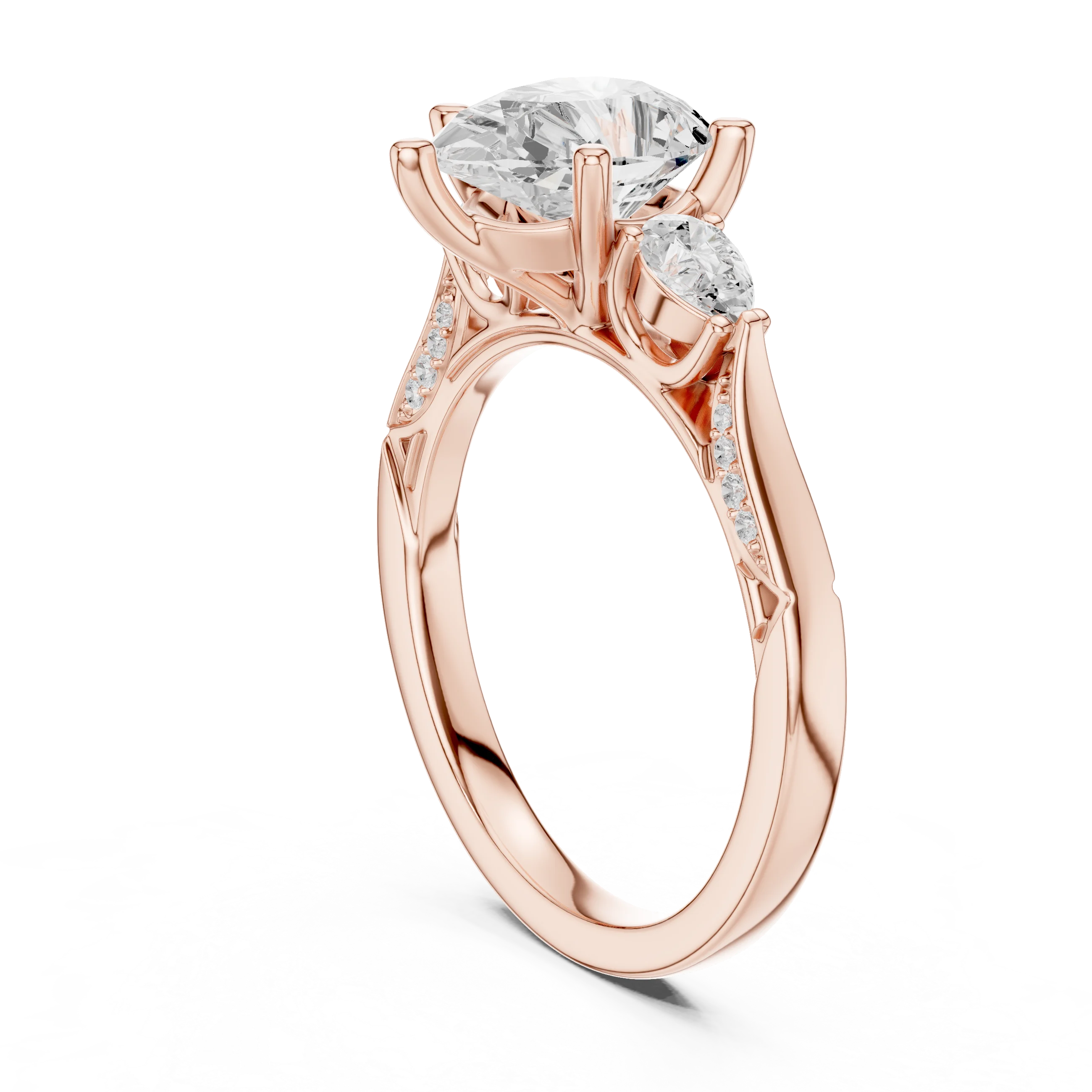 Back side view of rose gold pear three stone ring with pear side stones, accent band and lab-grown diamonds – Australia