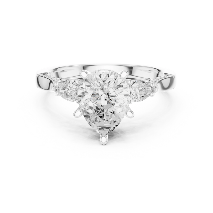 Pear three stone ring in white gold with pear side stones, accent band and lab-grown diamonds – Australia