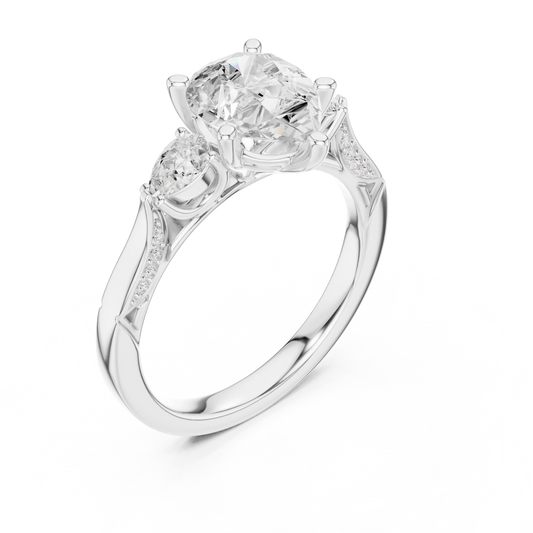 Front view of white gold pear three stone ring with pear side stones, accent band and lab-grown diamonds – Australia