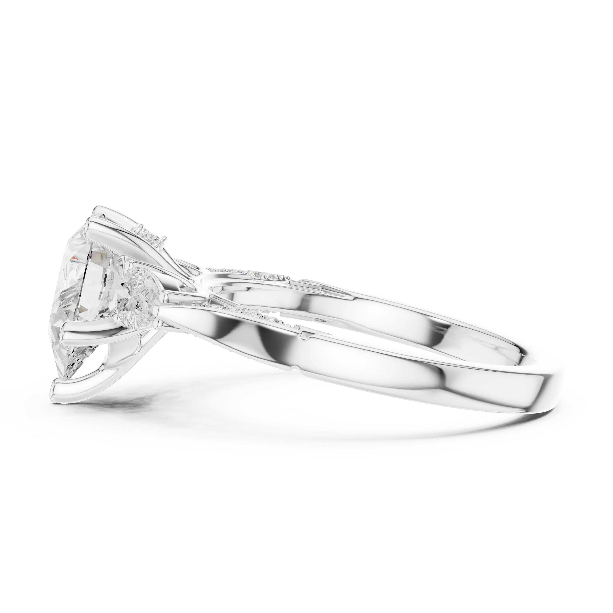 Side view of white gold pear three stone ring with pear side stones, accent band and lab-grown diamonds – Australia