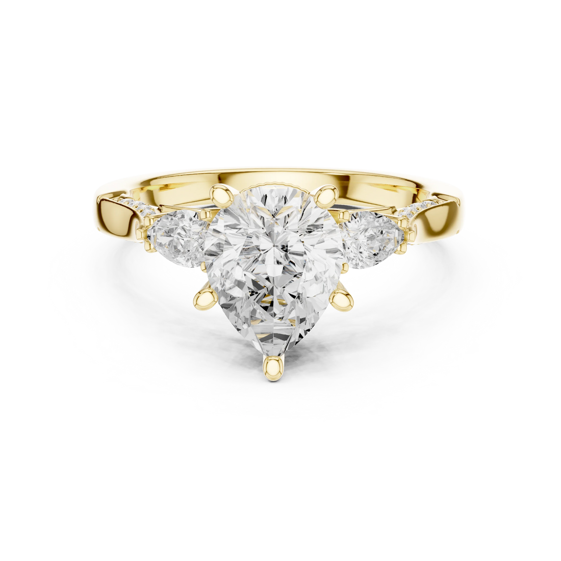 Pear three stone ring in yellow gold with pear side stones, accent band and lab-grown diamonds – Australia