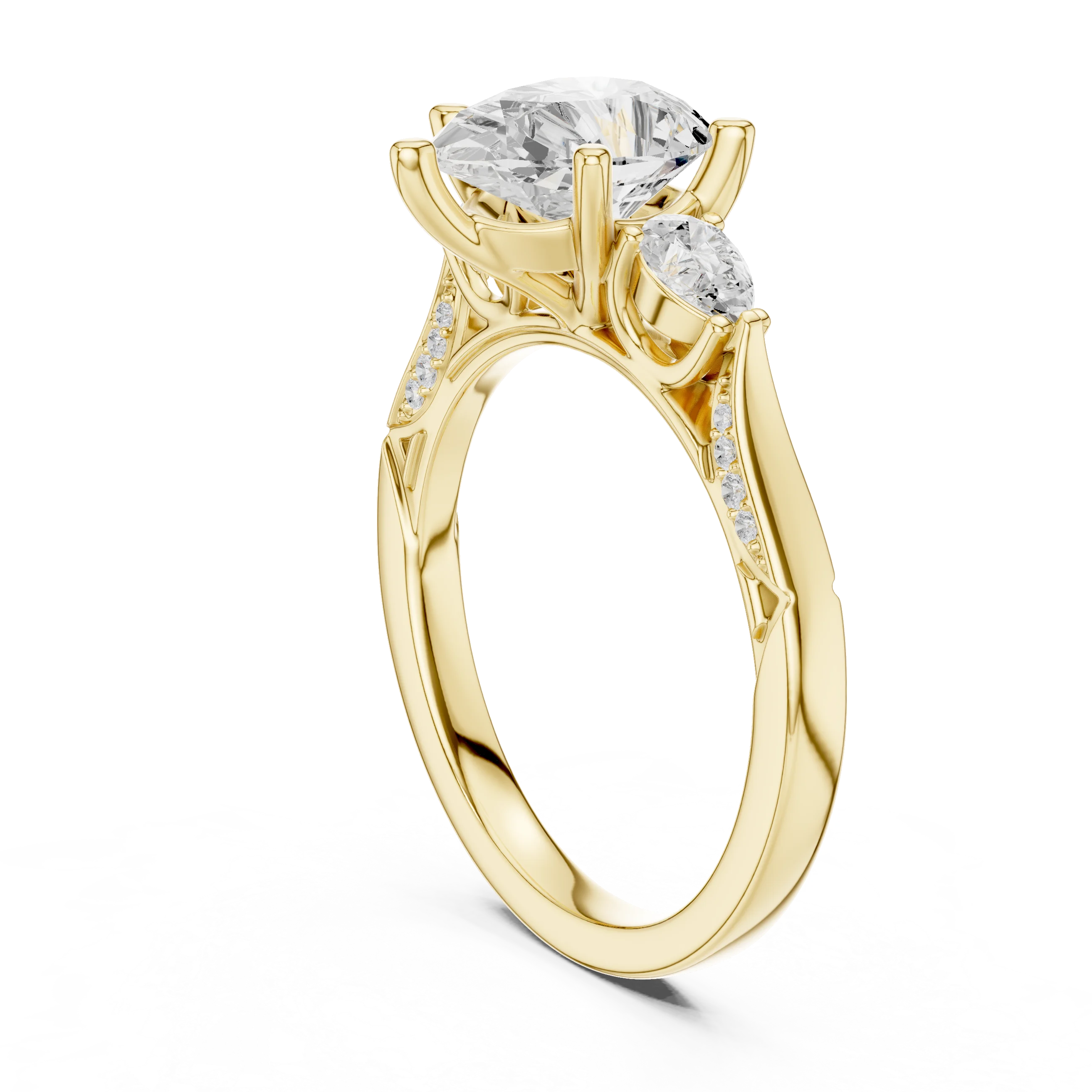 Back side view of yellow gold pear three stone ring with pear side stones, accent band and lab-grown diamonds – Australia