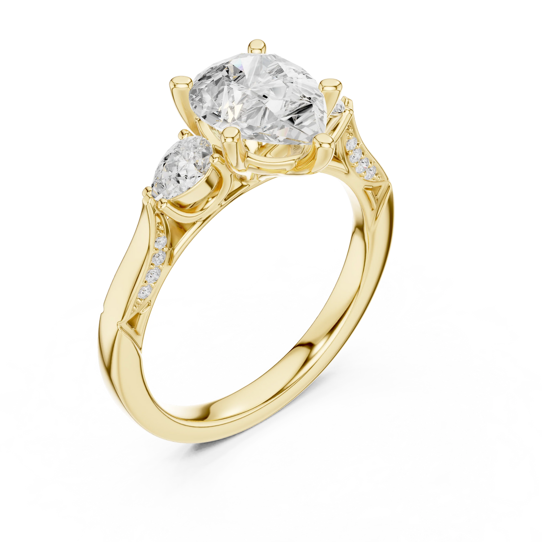 Front view of yellow gold pear three stone ring with pear side stones, accent band and lab-grown diamonds – Australia