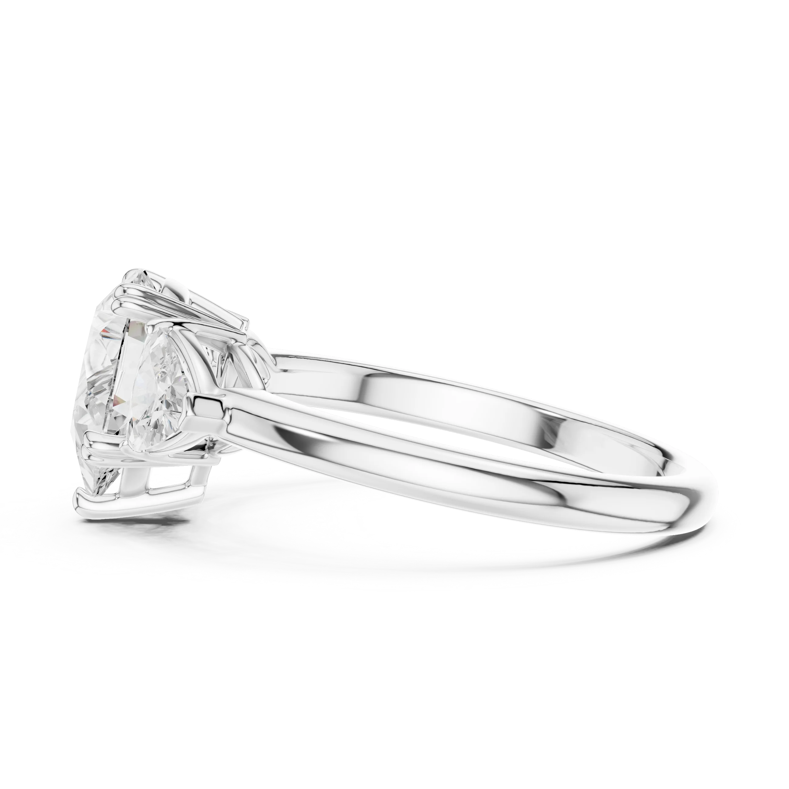 Side view of white gold pear three-stone ring with trillion cut side stones and lab-grown diamond – Australia