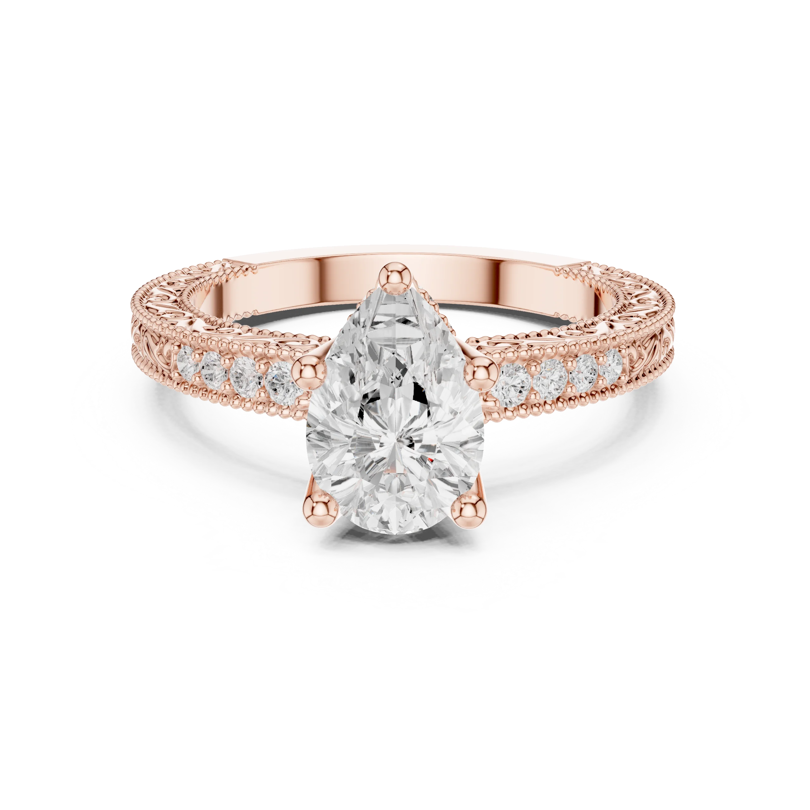 Pear vintage filigree ring in rose gold with milgrain, channel set diamond band and lab-grown diamond – Australia