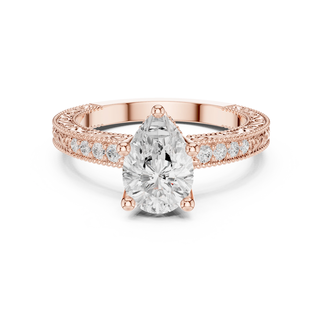 Pear vintage filigree ring in rose gold with milgrain, channel set diamond band and lab-grown diamond – Australia
