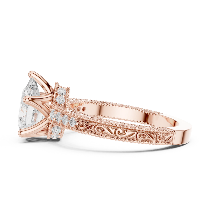Side view of rose gold pear vintage filigree ring with milgrain, channel set diamond band and lab-grown diamond – Australia