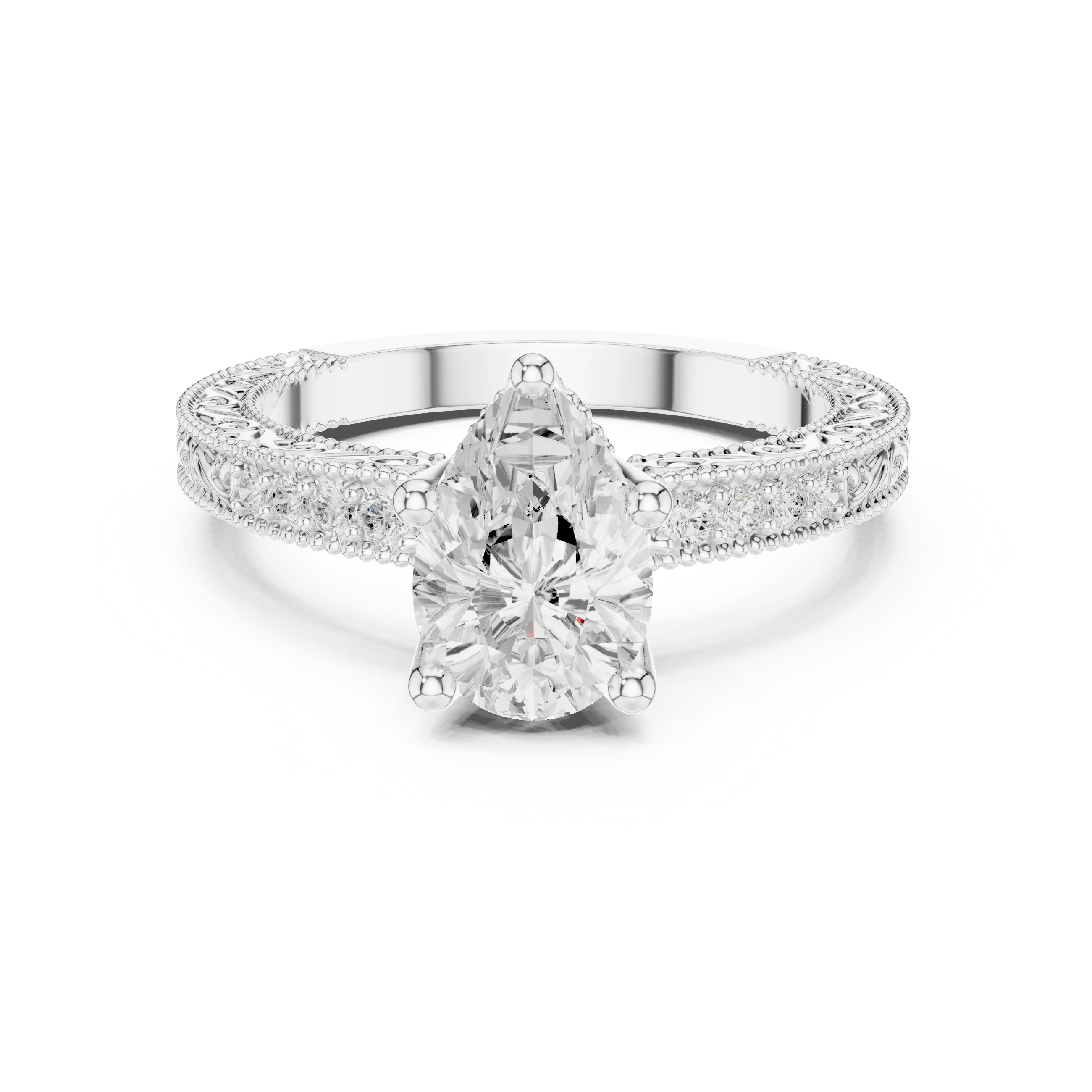 Pear vintage filigree ring in white gold with milgrain, channel set diamond band and lab-grown diamond – Australia