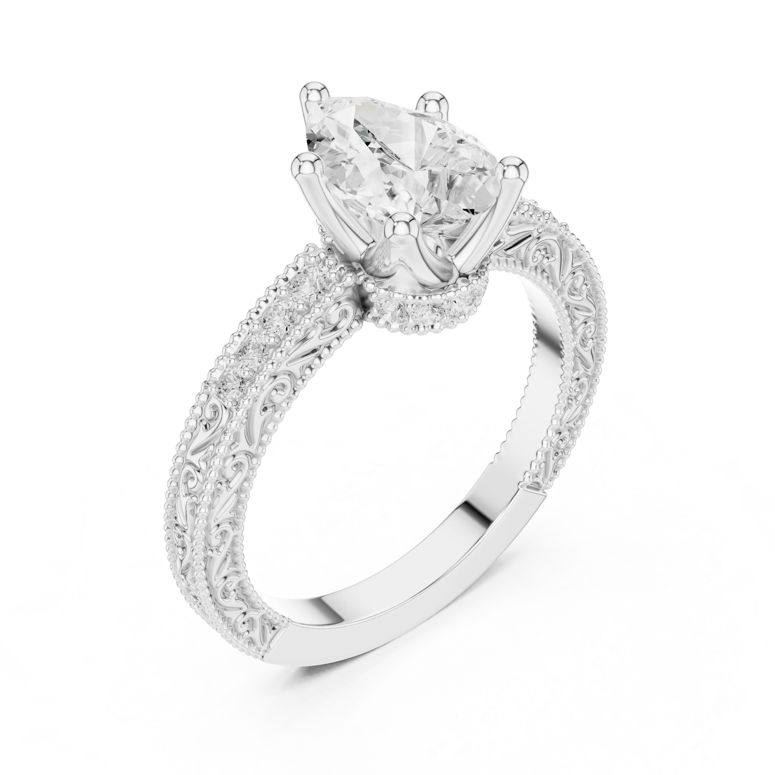 Front view of white gold pear vintage filigree ring with milgrain, channel set diamond band and lab-grown diamond – Australia