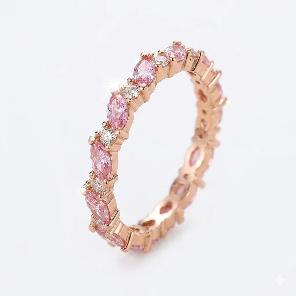 Front side view of pink marquise and round alternating diamond eternity band in rose gold with lab-grown diamonds – Australia