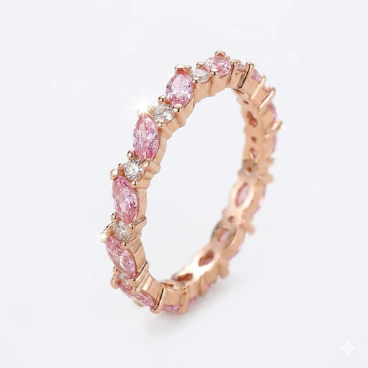 Front side view of pink marquise and round alternating diamond eternity band in rose gold with lab-grown diamonds – Australia
