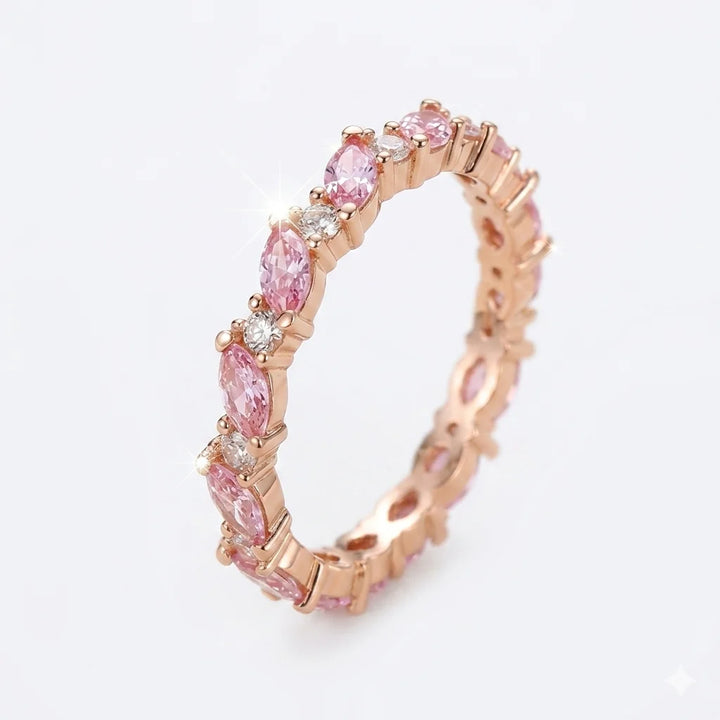 Front side view of pink marquise and round alternating diamond eternity band in rose gold with lab-grown diamonds – Australia