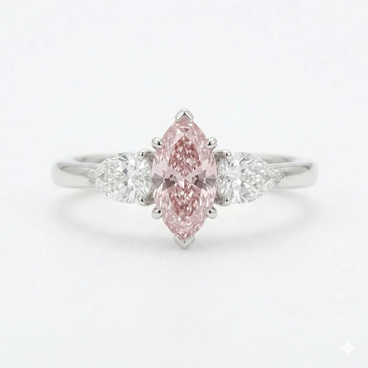 Pink marquise cut three stone diamond ring with pear side stones in white gold with lab-grown diamonds – Australia