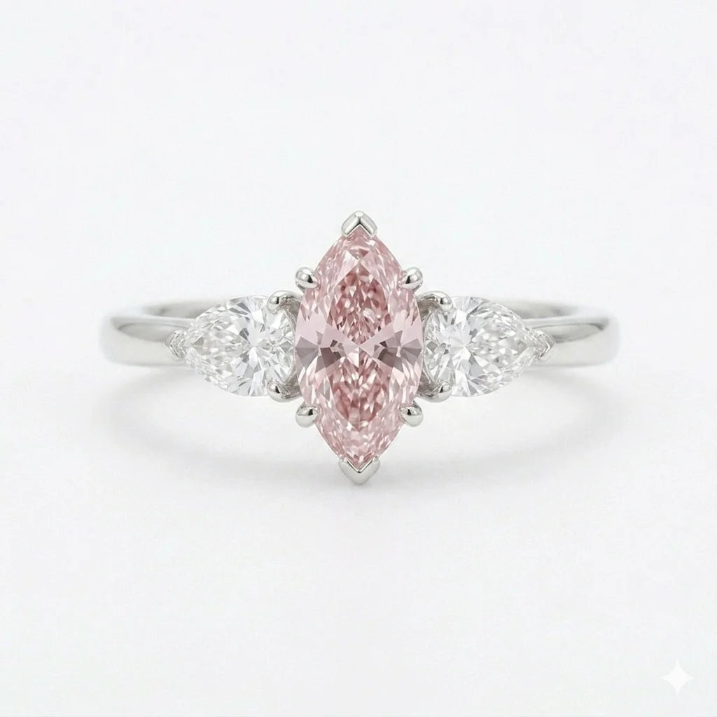 Pink marquise cut three stone diamond ring with pear side stones in white gold with lab-grown diamonds – Australia