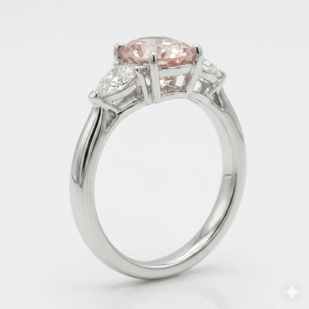 Back side view of pink marquise cut three stone diamond ring with pear side stones in white gold with lab-grown diamonds – Australia