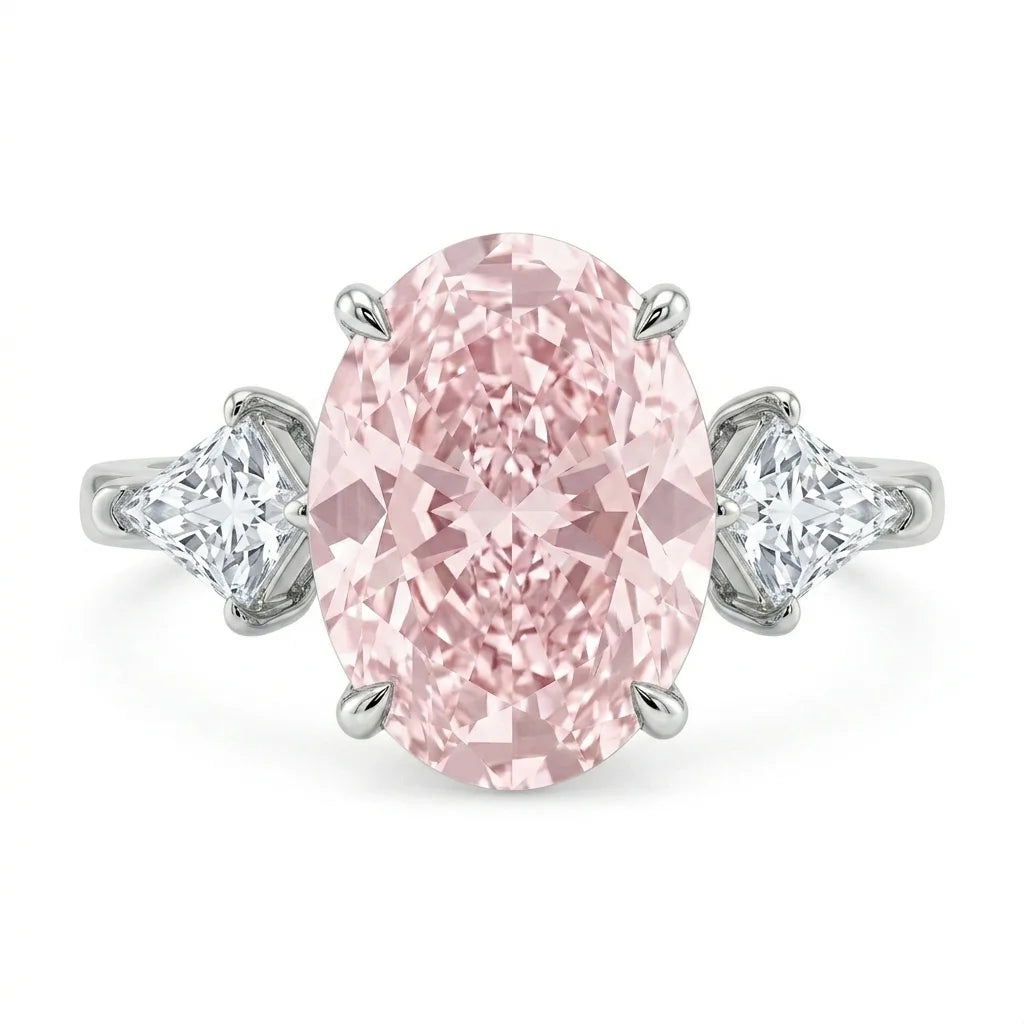 Pink oval diamond three stone ring with trillion side stones in white gold with lab-grown diamonds – Australia