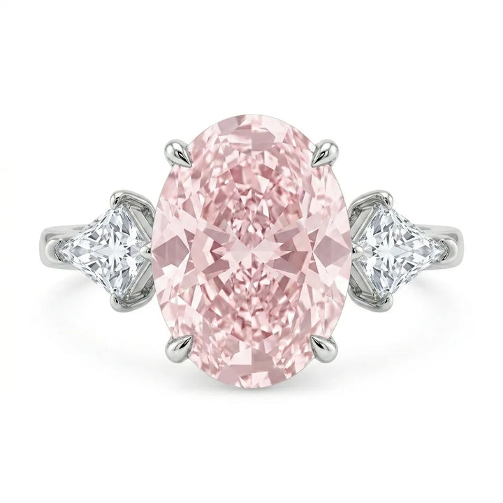 Pink oval diamond three stone ring with trillion side stones in white gold with lab-grown diamonds – Australia