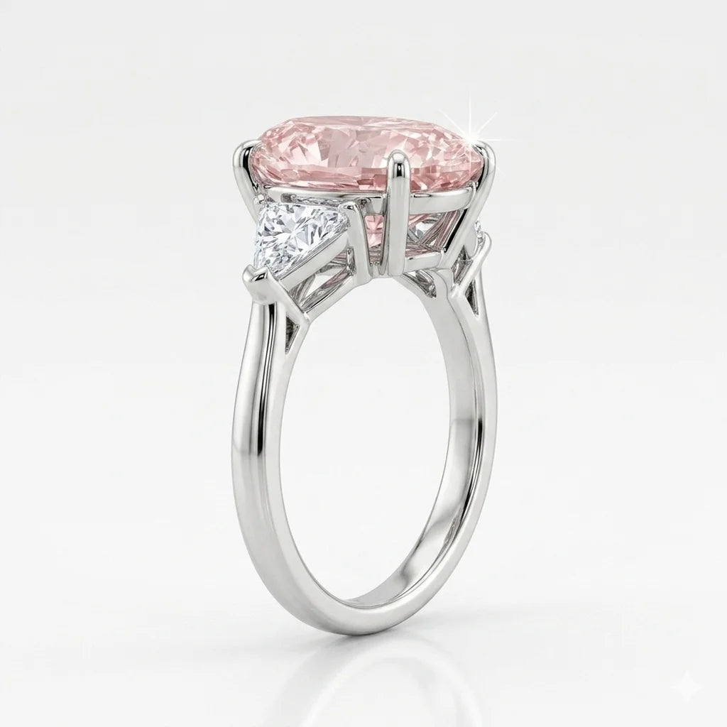 Side view of white gold pink oval diamond three stone ring with trillion side stones and lab-grown diamonds – Australia