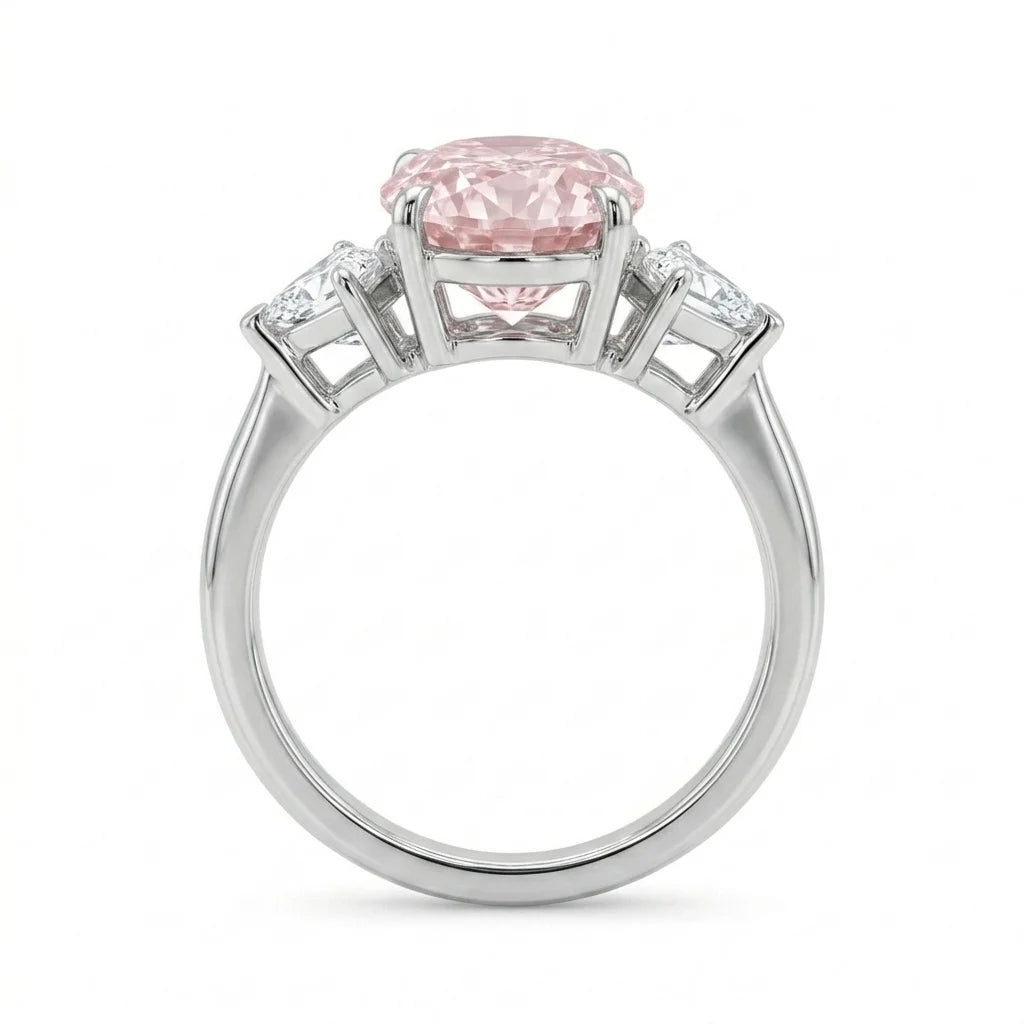 Side view of white gold pink oval diamond three stone ring with trillion side stones and lab-grown diamonds – Australia
