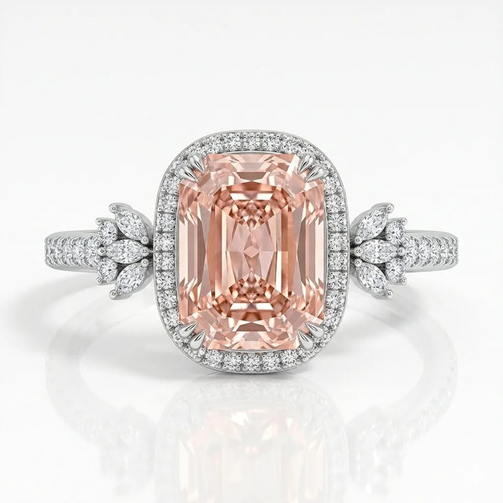 Pink radiant diamond halo ring with marquise floral side stones in white gold with lab-grown diamonds – Australia