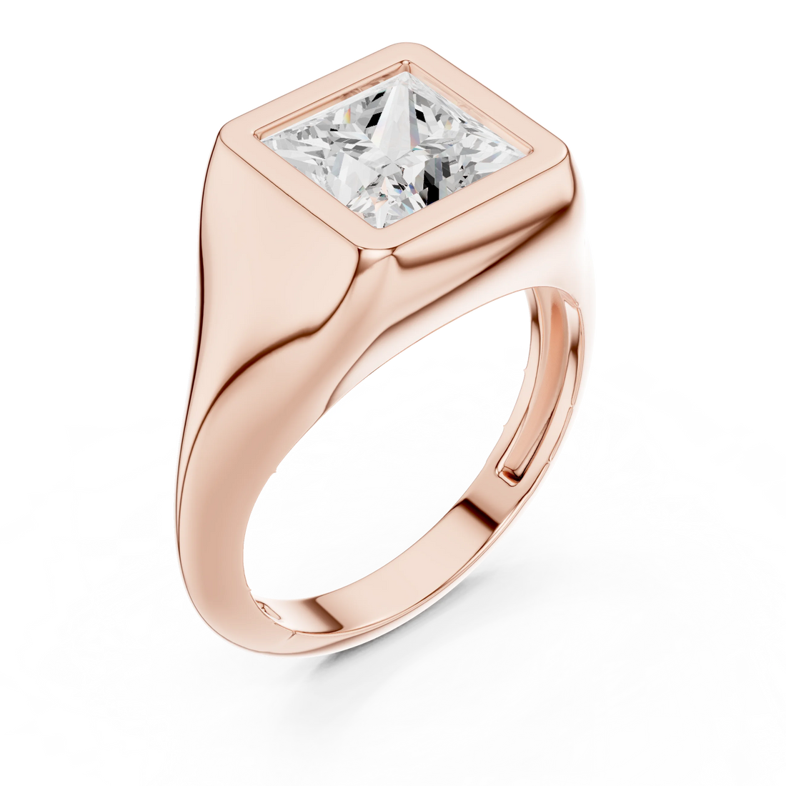 Front view of rose gold princess cut bezel set signet style ring, showcasing gemstone brilliance.