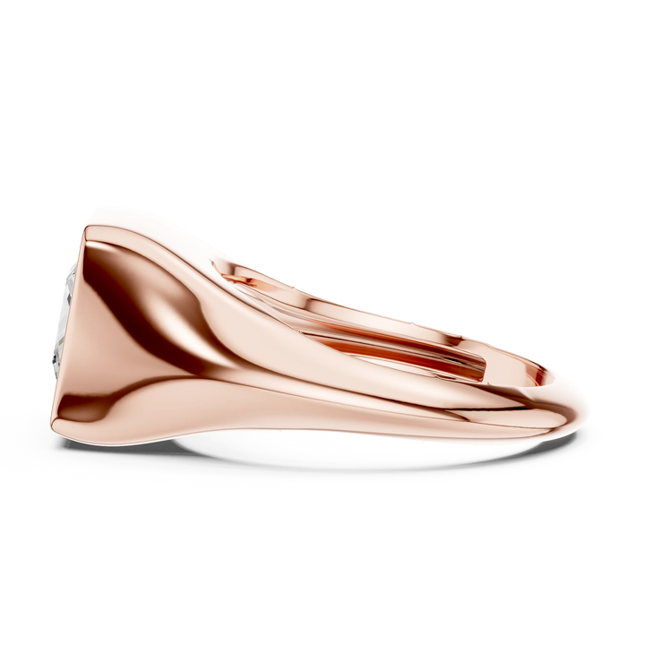 Side view of rose gold princess cut bezel set signet style ring, highlighting overall design profile.