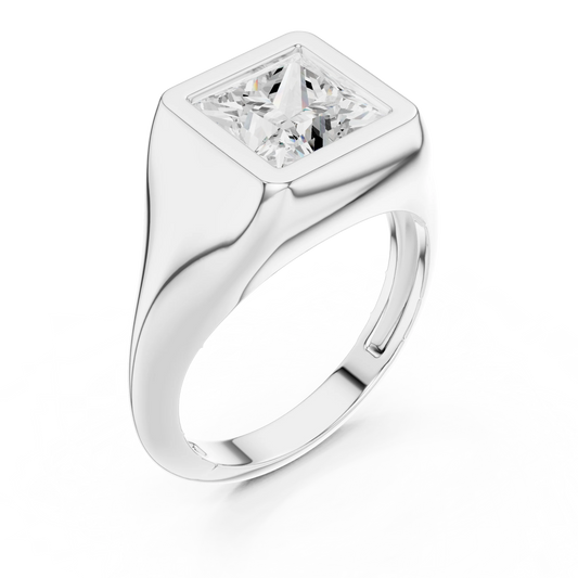 Front view of white gold princess cut bezel set signet style ring, showcasing center stone.